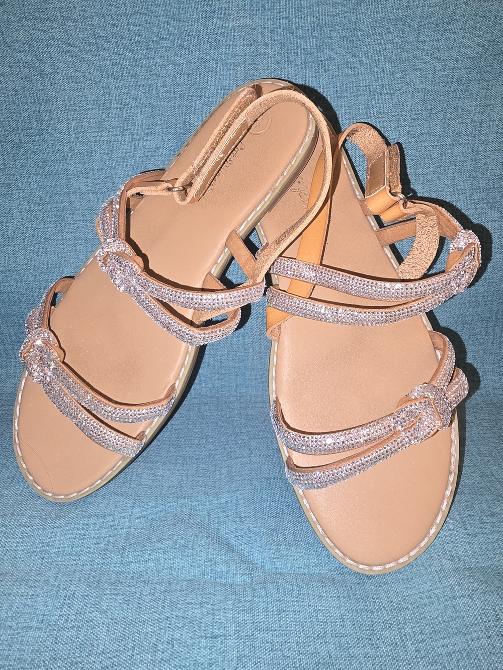 Girl's Strappy Crystal Embellished Tan Sandals